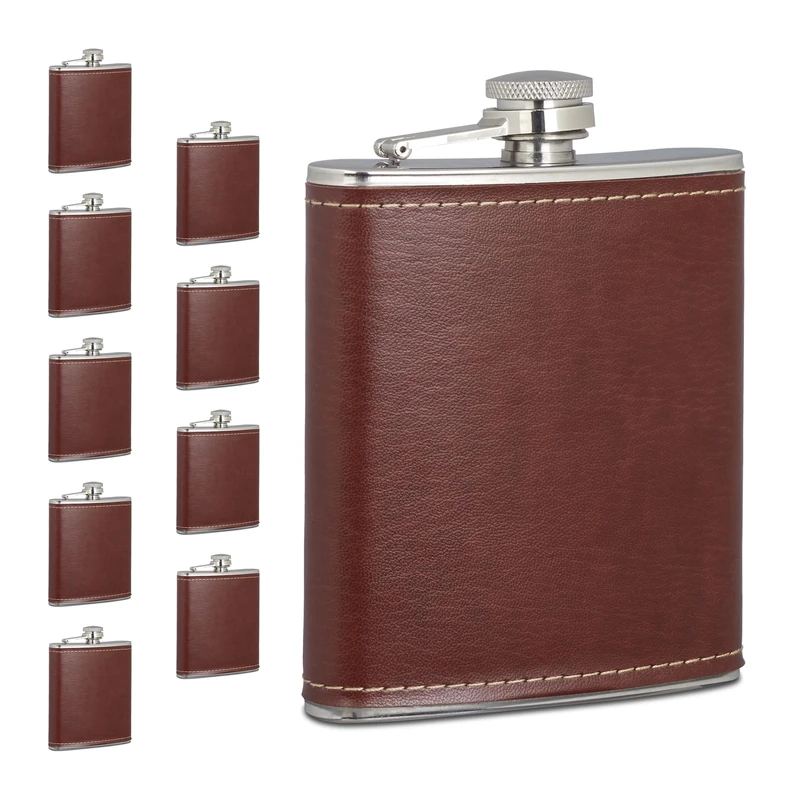 Relaxdays 10x Hip Flask, 200ml, Stainless Steel, Immitation Leather Cover, Pocket, 12.5 x 9.5 x 2.5 cm, Brown/Silver