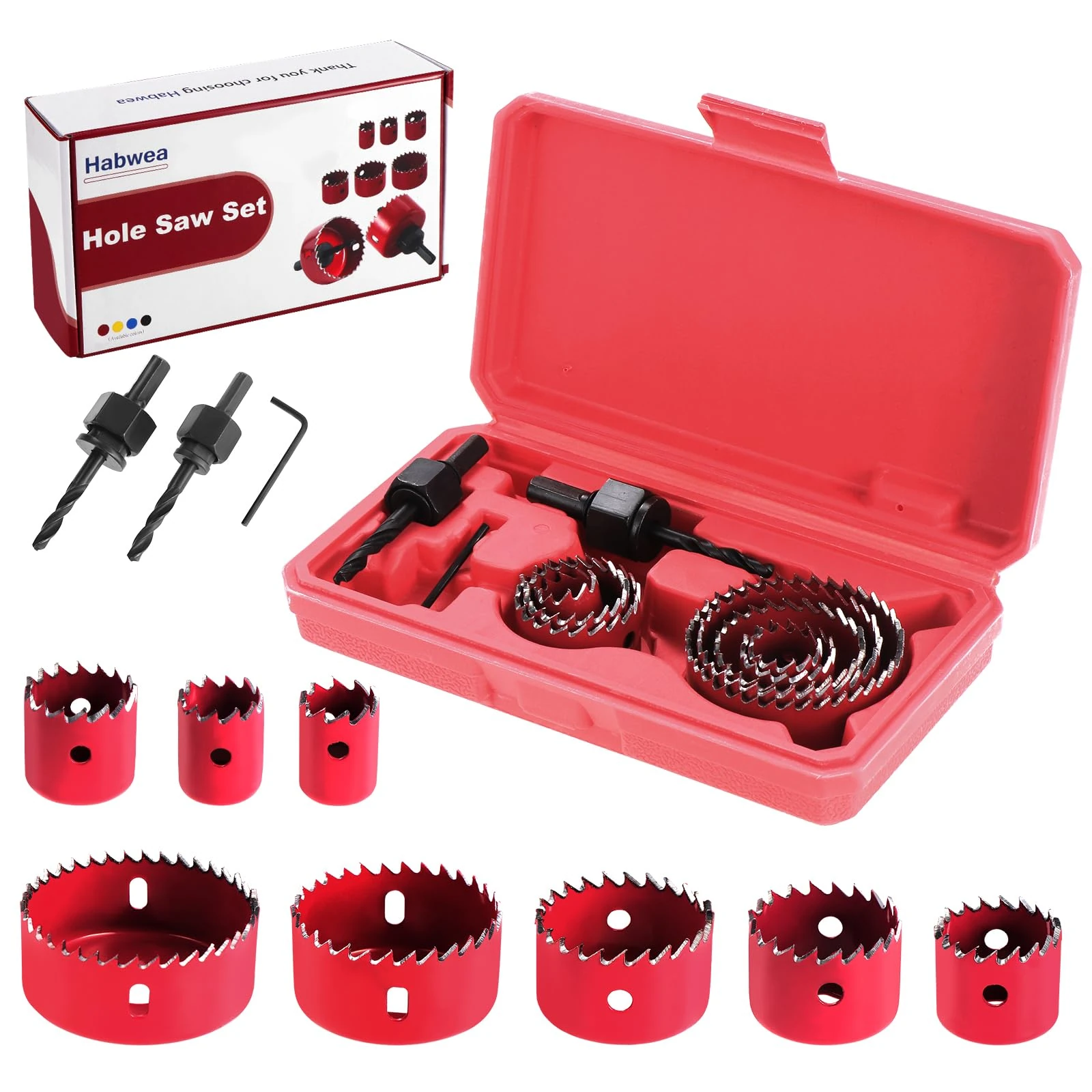 Habwea Hole Saw Set, 11-Piece, 19-64 mm Hole Cutter Set Carbon Steel Downlights Drill Bit Tools for Soft Wood