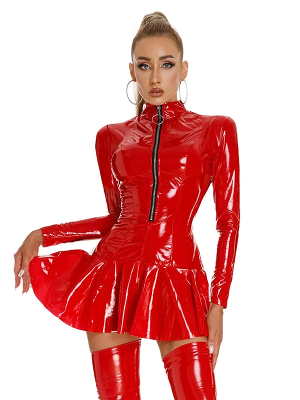 CHICTRY Women's Wet Look Leather Sexy Vinyl Mini Dress A-Line V-Neck Zipper Bodycon Party Dress 3# Red A S