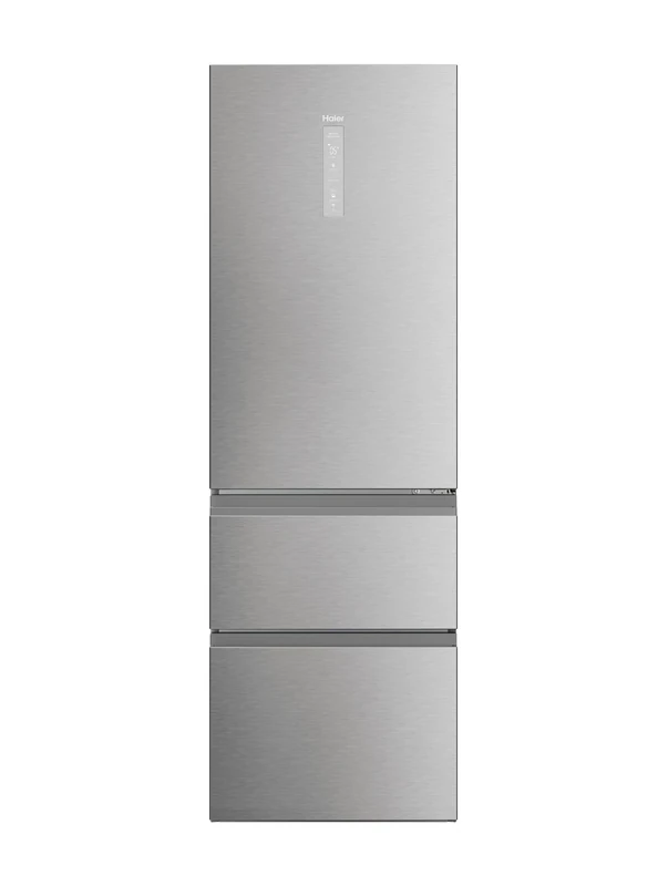 Haier 3D 60 Series 5 Freestanding Fridge Freezer, 3 Doors, Total No Frost, E Class, 360L Total Capacity, Easy Access Freezer Drawers, hOn App, AI & Wi-Fi Connected, Silver, 60x67x185 cm - HTW5618ENMG