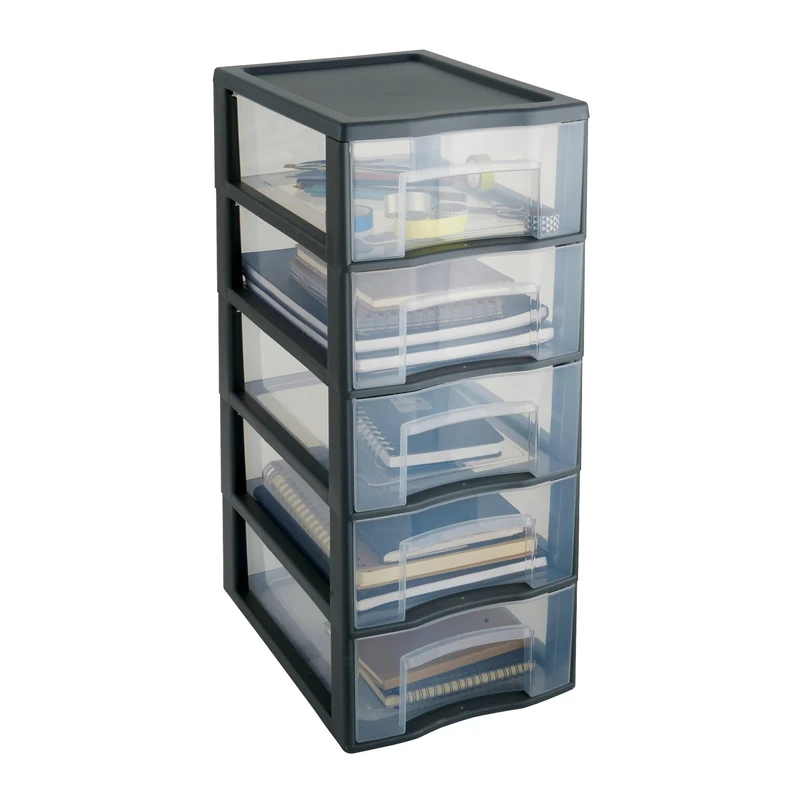 SUNDIS Tag Tower Grey Plastic Storage Tower 5 Drawers A4 Paper Size 24 Inch Tall Ideal for Office Storage, Classrooms, Documents, Supplies, Accessories