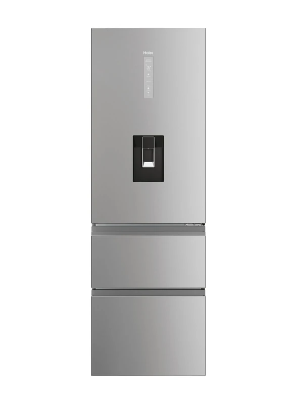 Haier 3D 60 Series 5 Freestanding Fridge Freezer with Water Dispenser, 3 Doors, Total No Frost, E Class, 357L Total Capacity, hOn App, AI & Wi-Fi Connected, Silver, 60x67x185 cm - HTW5618EWMG