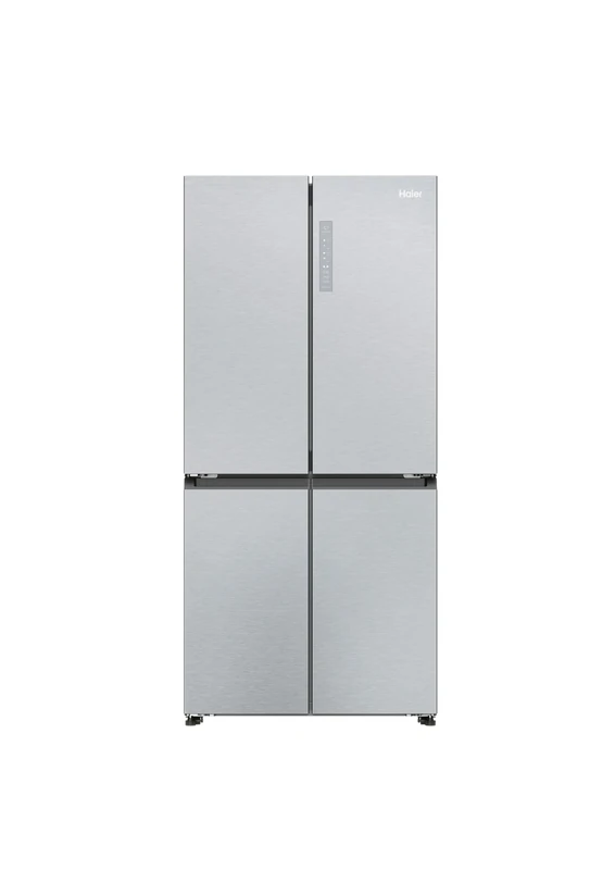 Haier Cube 83 Series 3 Freestanding American Fridge Freezer, 4 Doors, Total No Frost, E Class, Touch Display, Air Surround Technology, 467L Total Capacity, Gentle Silver, 83x65x182 cm - HCR3818ENMG