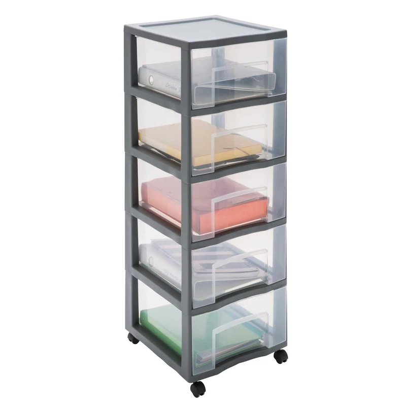 SUNDIS Tag Tower XL Plastic Drawer Box with Wheels Grey 5 Clear Drawers Height 102.5 cm Ideal for Storing Books, Courses, Documents, Accessories - Image 1