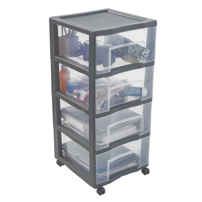 SUNDIS Tag Tower XL, Grey Plastic Storage Tower with Wheels, 4 Large Clear Drawers, Height 83.5 cm, Ideal for Office Storage, Courses, Documents, Supplies, Accessories - Image 1