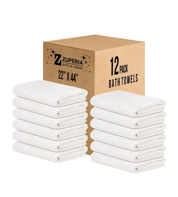 ZUPERIA White Bath Towels Bulk - 22 x 44 Inches, 100% Cotton Economy Light Weight Towels for Commercial Use - Quick Dry, Ultra-Soft, and Absorbent Bulk Towels (12 Pack)
