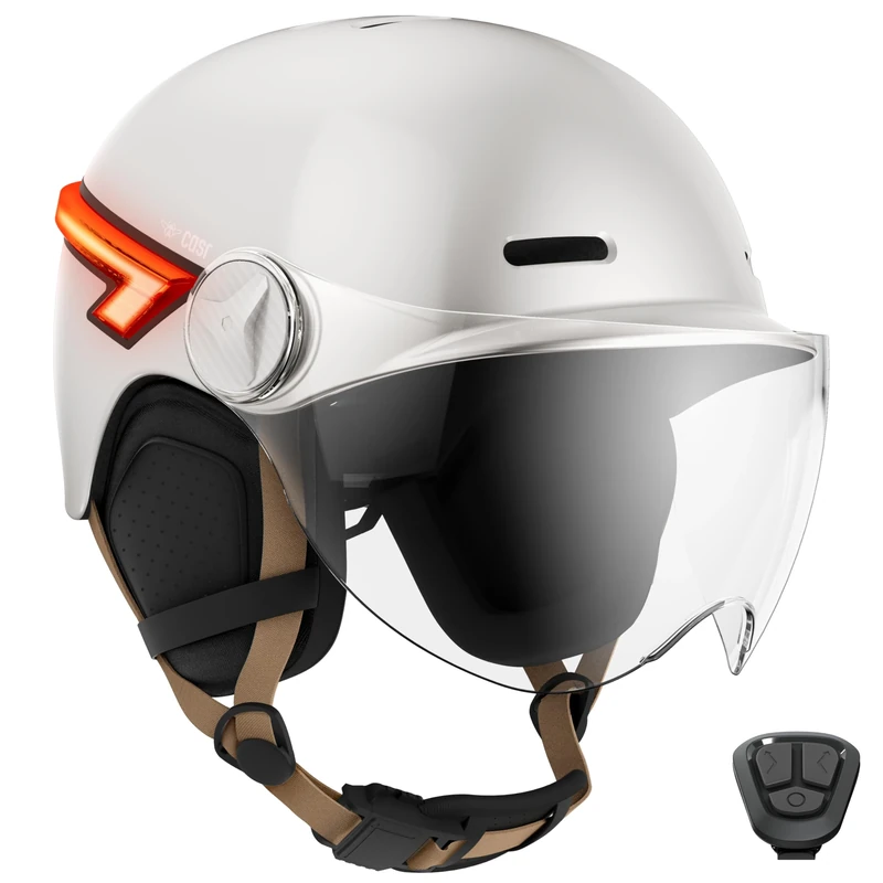 CASR Glow - LED Helmet for Bike & Scooter - XL Visor & Removable Ear Pads, Rear Turn Signals & Remote - Stylish Urban Design for Men & Women - Glossy Ivory - Size M