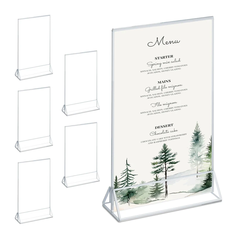 Relaxdays Table Stand, Set of 6, DIN A5, Wedding, for Menu Photos, Acrylic Card Holder, Transparent/Silver, 24.5 x 15.5 x 5.5 cm - Image 1