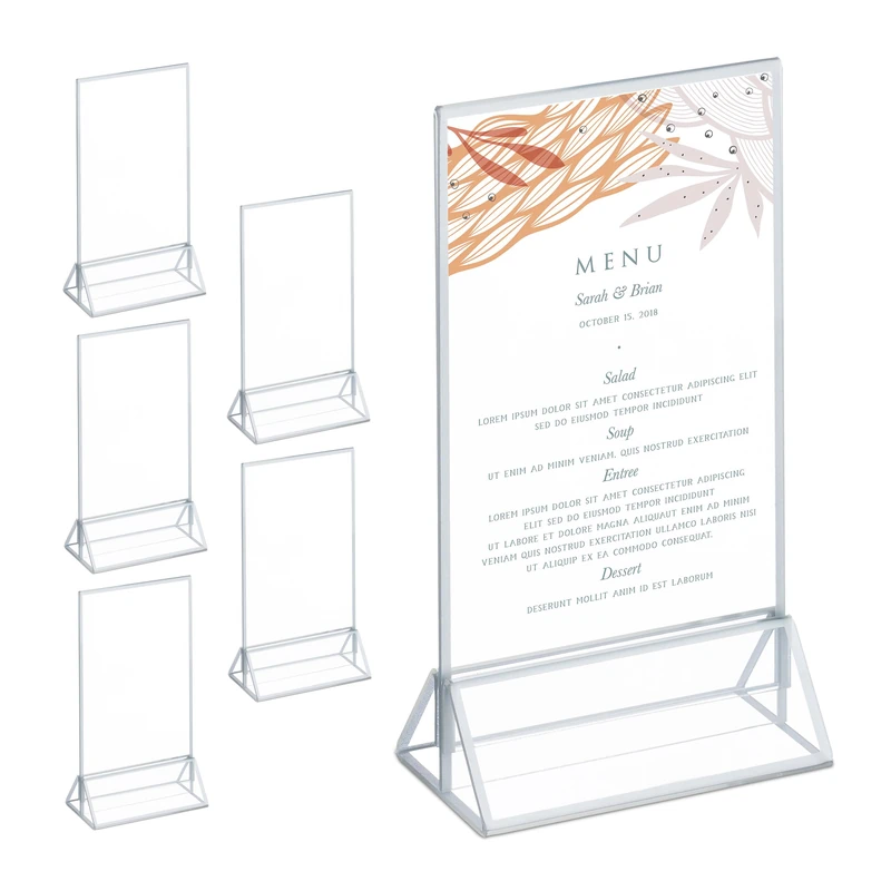 Relaxdays Table Stand, Set of 6, DIN A6, Wedding, for Menu Photos, Acrylic Card Holder, Transparent/Silver, 19 x 11 x 6 cm