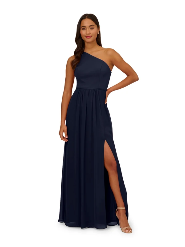 Adrianna Papell Women's One Shoulder Chiffon Gown Special Occasion Dress, Midnight, 22