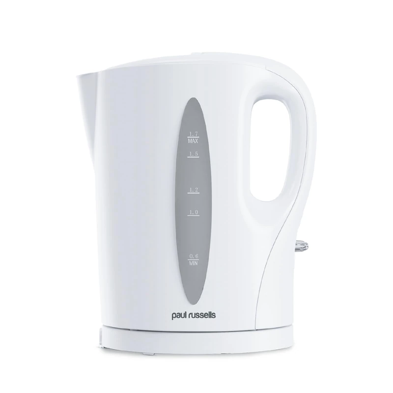 paul russells White Plastic Kettle - 1.7L Capacity, Perfect for 7 Cups, Family Size, Clear Water Window, LED Indicator, 2200w Quite boil, Sleek and Simple, Boil Dry Protection, Cord-free Serving.