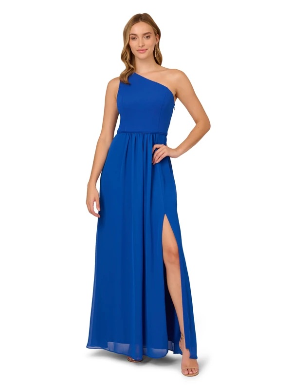 Adrianna Papell Women's One Shoulder Chiffon Gown Special Occasion Dress, Violet Cobalt, 16
