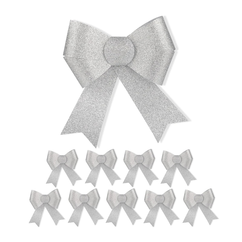 Relaxdays Set 10 Gift Bows, Large, Birthday, Christmas, Glittering Decorative Ribbons, for Presents, Silver, 19 x 17 x 2 cm