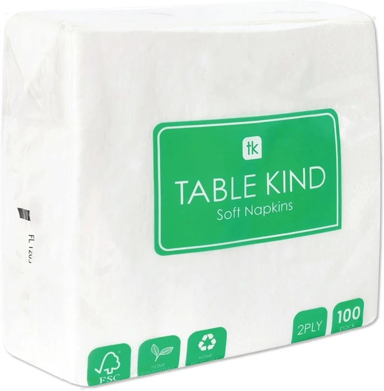 Table Kind - 100 Bulk Pack Soft White Napkins, Quality Serviettes for Parties, Catering & Everyday Use, Eco-Friendly Disposable Home Compostable FSC, Sustainable & Recyclable, Made in EU 2ply 33cm