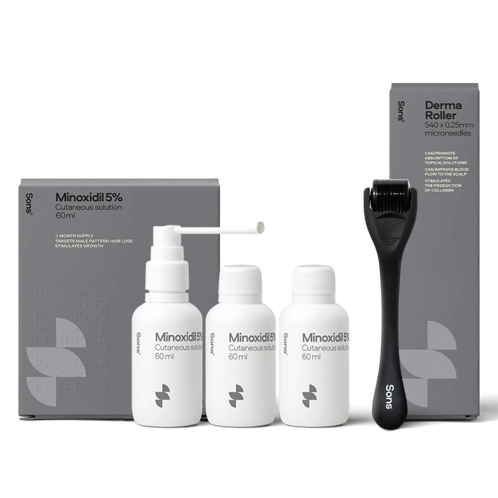 Sons Minoxidil 5% Spray (3x60ml) & 0.25mm Dermaroller for Men, Clinically Proven Hair Regrowth Formula, Hair Loss Treatment, Stimulates Follicles, Precise Applicator, Microneedling Boosts Absorption