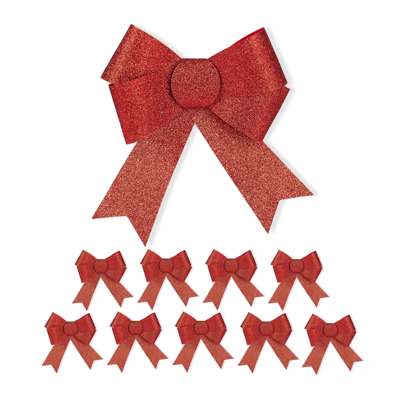 Relaxdays Set of 10 Gift Bows, Large, Birthday, Christmas, Glittering Decorative Ribbons, for Presents, Red, 19 x 17 x 2 cm