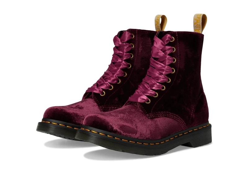 Dr. Martens Women's Vegan 1460 Pascal Velvet 8 Eye Boot Fashion, Cherry Red, 4 UK