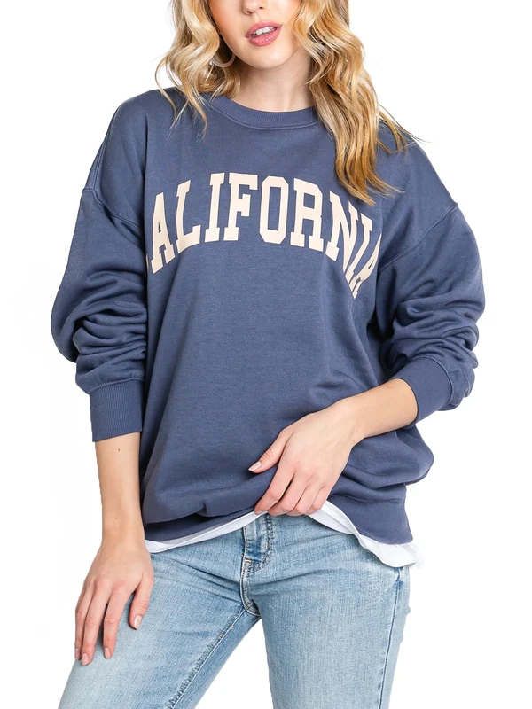 Urban Look Womens Loose Fit California and Los Angeles Fleece Sweatshirts, California Denim Blue, Medium