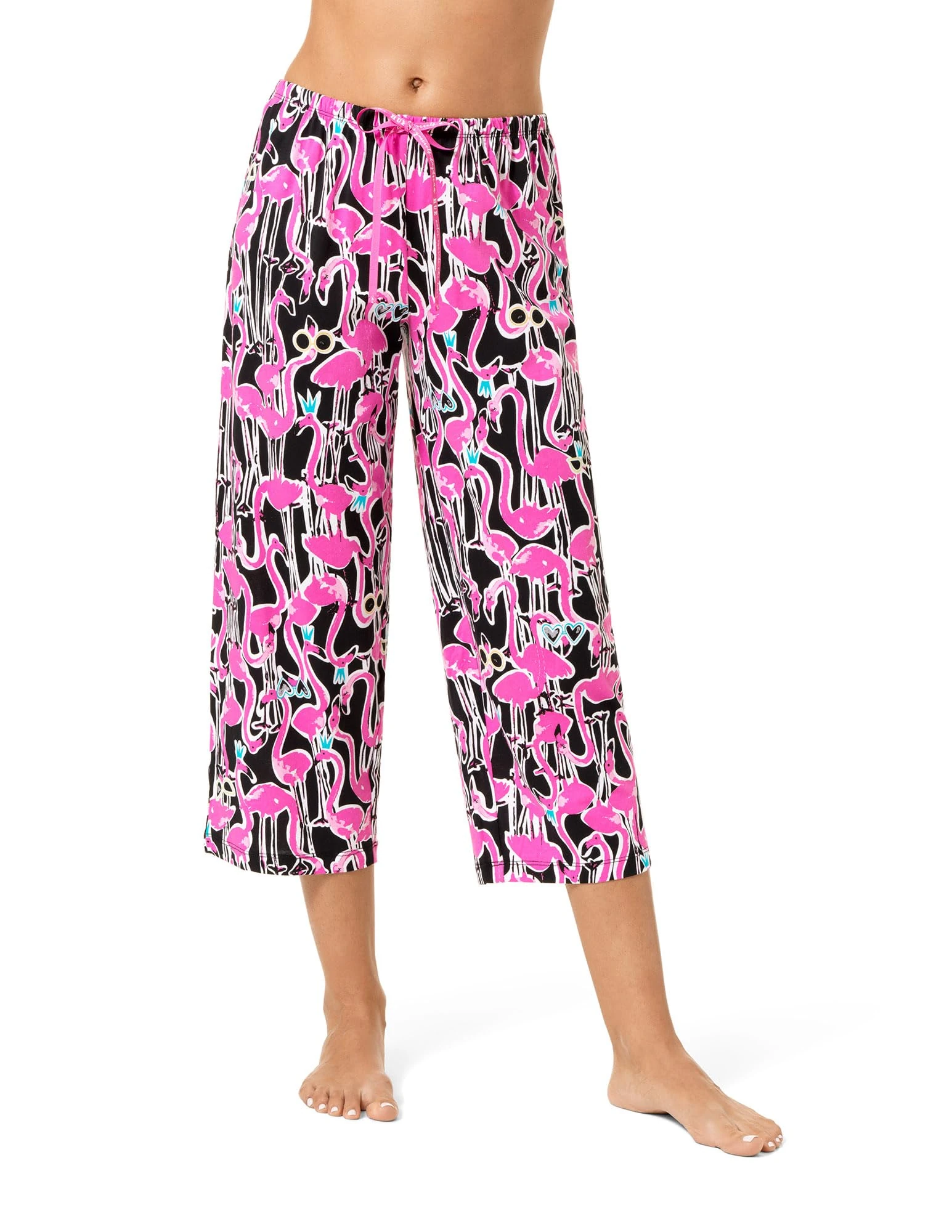 HUE Women’s Summer Vacation Pajama Separates, Soft, Whimsical Print PJs with Tropical Beach Themes, Flip Flops, Cocktails, Black Flamingo Festival - Sleep Capri Pants, XL