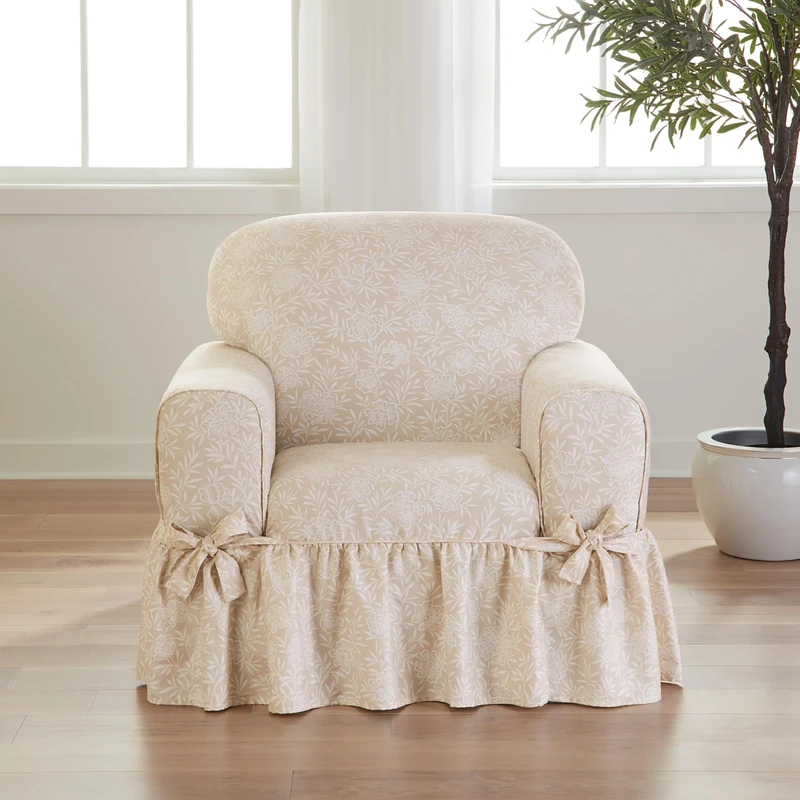Surefit Essential Twill Ruffled Chair Slipcovers, Chair Cover with Cotton Printed One-Piece Design and Ruffled Skirt, Machine Washable Armchair Cover, Neutral Floral
