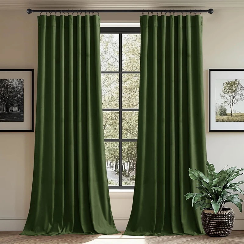 StangH 62 inches Wide Moss Green Velvet Thermal Curtains, 2 Panels