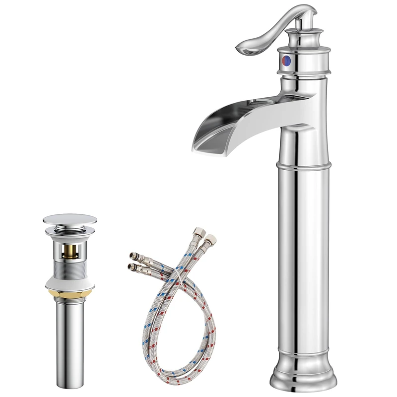 BATHLAVISH Bathroom Faucet Chrome Waterfall High Polished Single Handle 1 Hole Basin Faucet with Pop Up Drain Without Overflow Mixer Tap