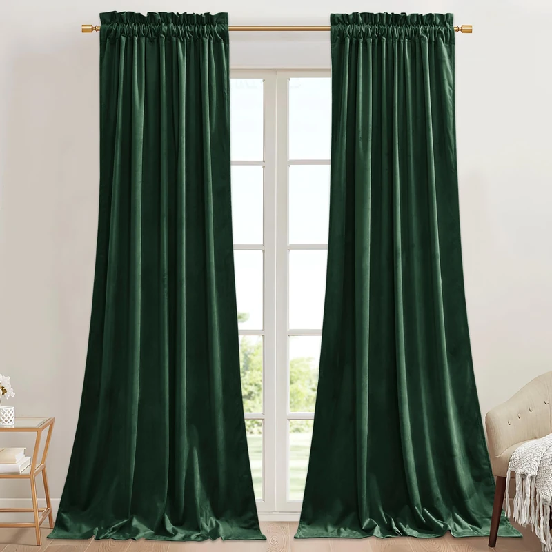 StangH Green Velvet Blackout Curtains Luxury Thick Noise Reducing Privacy Room Dividers Thermal Insulated for Dining Living Room Bedroom, Dark Green, W62 x L96, 2 Panels