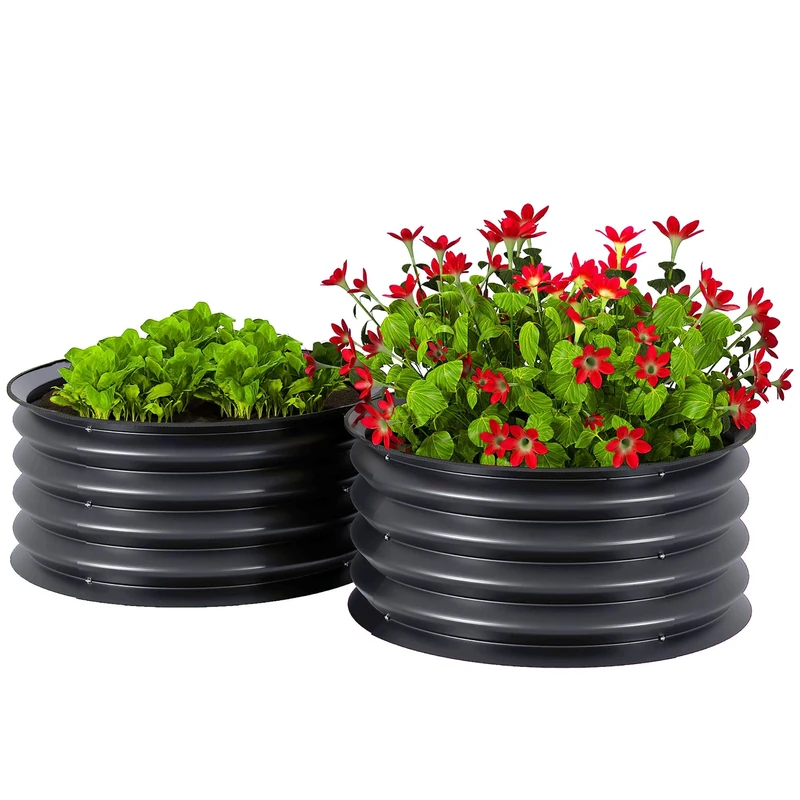 Outsunny Steel Raised Beds for Garden Set of 2, Outdoor Elevated Planter Box with Safety Edging, Easy-to-assemble Stock Tank for Growing Flowers, Herbs and Vegetables, Dark Grey