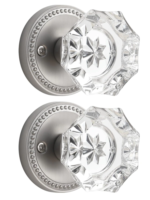 SORWDUERM Satin Nickel Door Knobs Crystal Door Knob Brushed Nickel Passage Door Knobs Glass Silver Interior Door Knob for Hall and Closet 2 Pack
