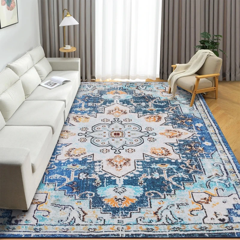 XSIVOD 150x210cm Vintage Area Rugs for Living Room, Non-slip Luxury Bedroom Rug, Distressed Traditional Floor Carpet for Nursery Dining Room, Washable Entryway Mat for Boho Decor, Teal Blue