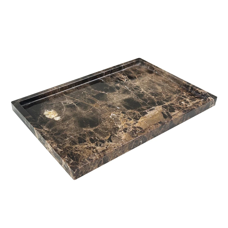GHYFGD Natural Marble Tray for Bathroom Countertop, Dark Brown Marble Stone Tray for Kitchen Counter (Coffee Net, 12" x 8")