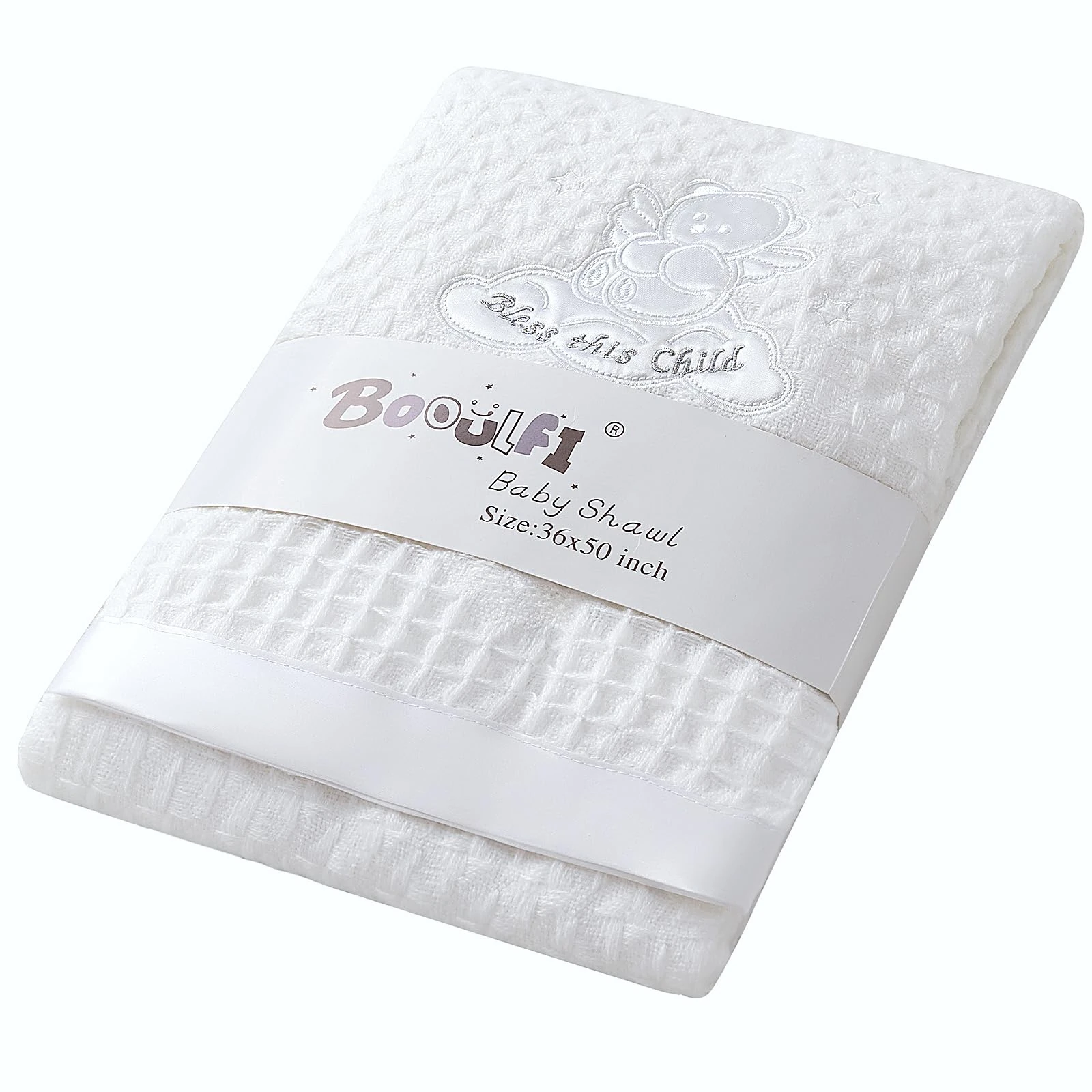 Booulfi Cellular Blankets Baby Shawl Satin Borders Bless Angel Embriodery Personalised White Christening Baby Blanket Baptism Baby Gifts Newborn Unisex,36x50 Inches