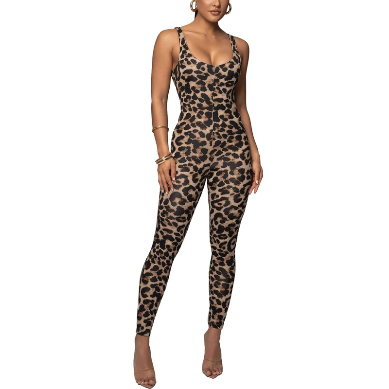HKWZYY Leopard Print One Piece Jumpsuits for Women Elegant Bodycon Rompers Sexy Club Workout Full Bodysuit, Leopard, S
