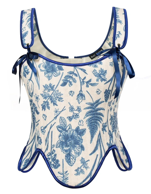 Scarlet Darkness Bustier Tops for Women Renaissance Floral Lace Up Bodyshaper Corset with Zipper, Blue Floral, 10