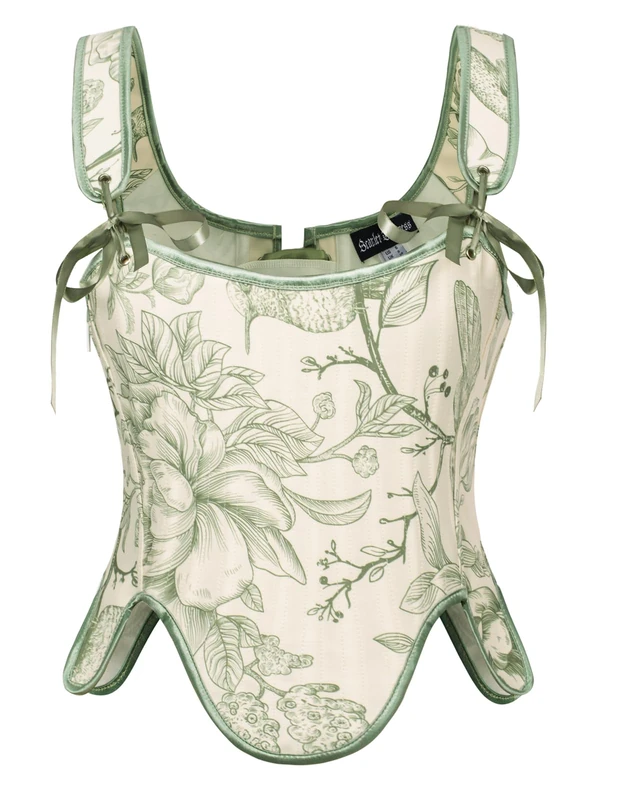 SCARLET DARKNESS Bustier Tops for Women Renaissance Floral Lace Up Bodyshaper Corset with Zipper, Green Floral, 8