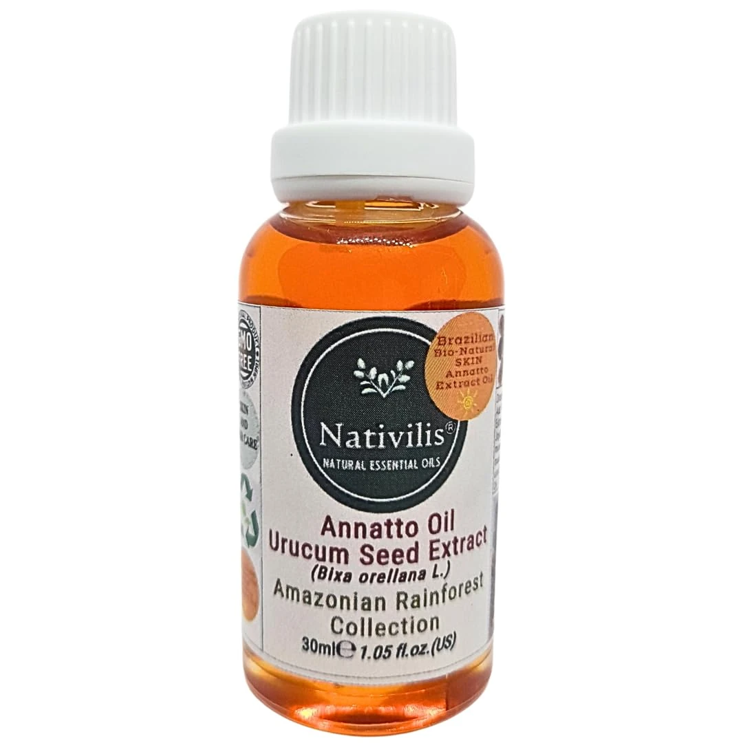 Nativilis Amazonian Urucum Seed Extract Annatto Oil 30 ml (Bixa orellana L.) Emolient for Suncream Lotion – Brazilian Bio-Natural Skin Tanning Oil - Copaiba Benefits