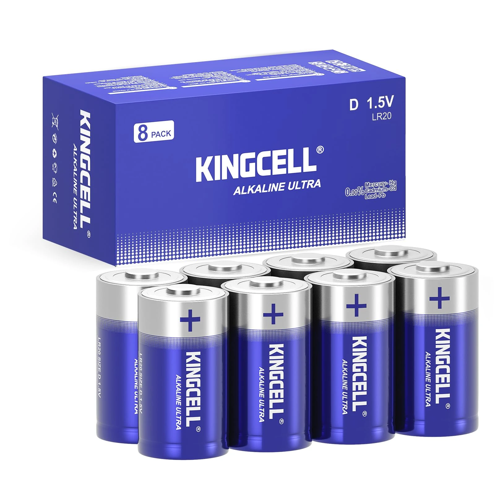 KINGCELL D Batteries 8 Pack, Hight Performance D Cell Battery with 7-Year Shelf Life，Long-Lasting Power Alkaline 1.5V Battery for Flashlights,Radios,Clocks,Stereos,etc.