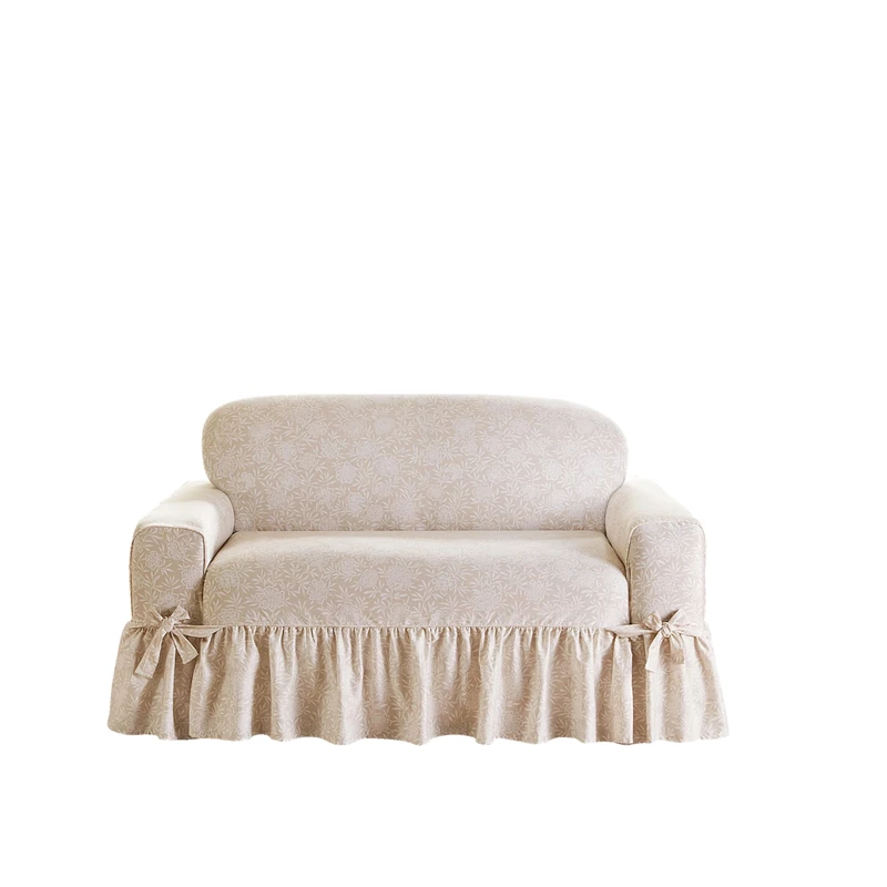 Surefit Essential Twill Ruffled Loveseat Slipcovers, Loveseat Cover with Cotton Printed One-Piece Design and Ruffled Skirt, Machine Washable Love Seat Cover, Neutral Floral