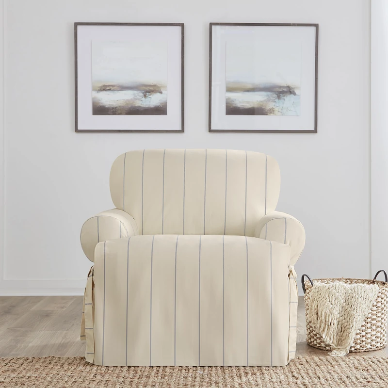 Surefit Heavyweight Cotton Duck T-Cushion Chair Slipcovers, Printed Heavyweight Cotton Chair Cover, One-Piece Design, Armchair Cover with Seat Elastic and Corner Ties, Natural with Blue Stripe