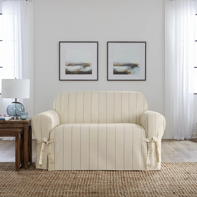 SureFit Heavyweight Cotton Duck Loveseat Slipcovers, Printed Heavyweight Cotton Loveseat Cover, One-Piece Design, Love Seat Cover with Seat Elastic and Adjustable Corner Ties, Natural with Blue Stripe