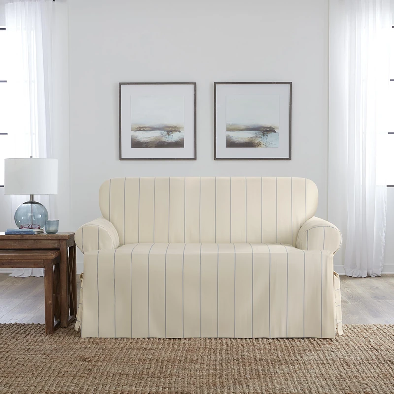 Surefit Heavyweight Cotton Duck T-Cushion Loveseat Slipcovers, Printed Heavyweight Cotton Loveseat Cover, One-Piece Design, Love Seat Cover with Seat Elastic and Corner Ties, Natural with Blue Stripe - Image 1
