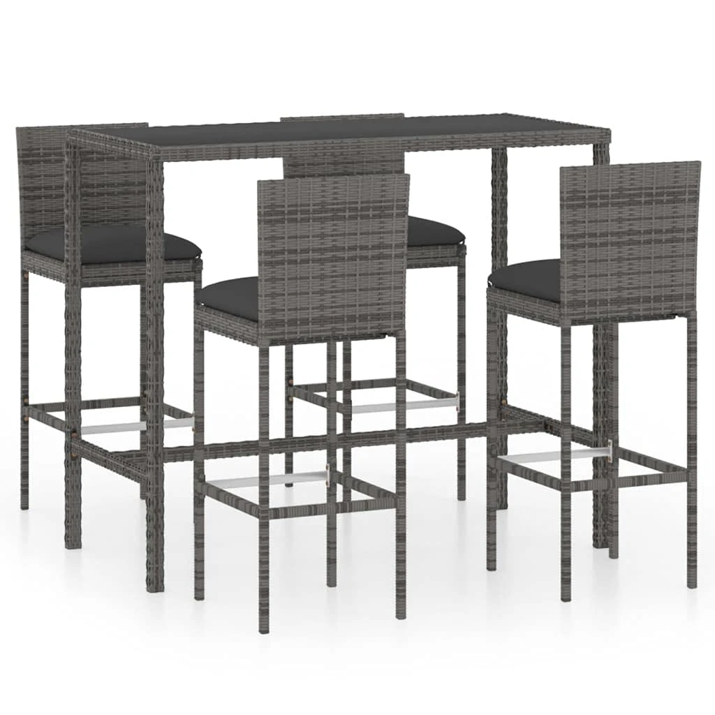 vidaXL 5 Piece Garden Bar Set - Outdoor Poly Rattan Furniture Set with Cushions and Tempered Glass Tabletop - Grey