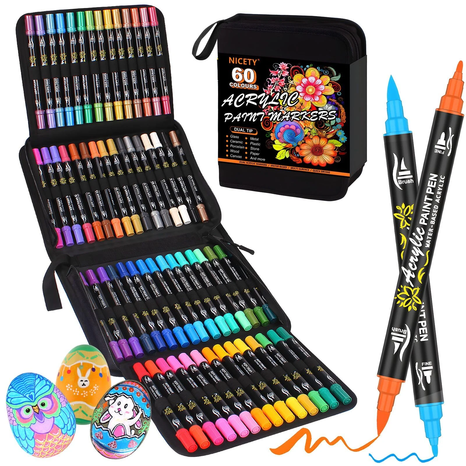 NICETY Acrylic Paint Pens - 60 Colours Dual Tip Brush Markers for Rock Painting, Stone, Wood, Glass, Ceramic - Fine & Brush Tip Water Based