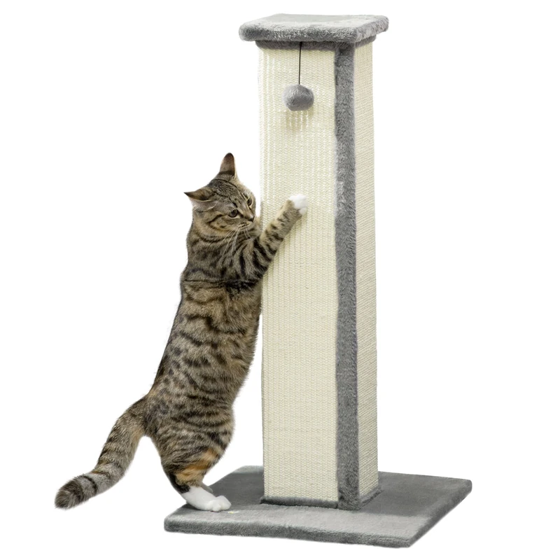 PawHut Scratching Post, 81 cm Scratching Post, Sisal Cat Scratching Post with Play Ball, Scratching Post for Cats, Scratching Furniture for Cats up to 5 kg, Indoor, Grey, Cream