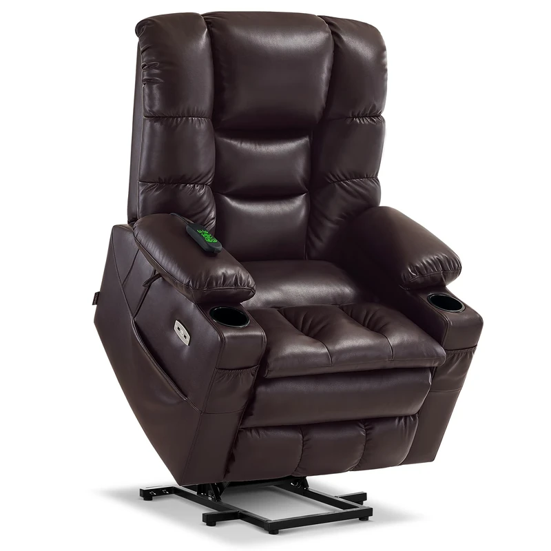 MCombo 3 Motors Electric Riser Recliners Armchairs for Elderly, Lay Flat Sleep Recliners with Massage, Lumbar & Seat Heating, Adjustable Headrest, Faux Leather 7634 (Dark Brown, Large)