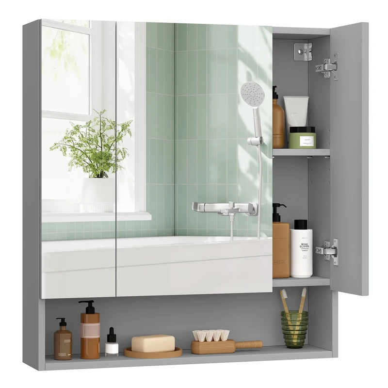 VASAGLE KAILYN Collection - Bathroom Mirror Cabinet, Bathroom Wall Mirror Cabinet, Open Compartment, Adjustable Shelves, 16.5 x 70 x 75 cm, Dove Grey BBK129G01