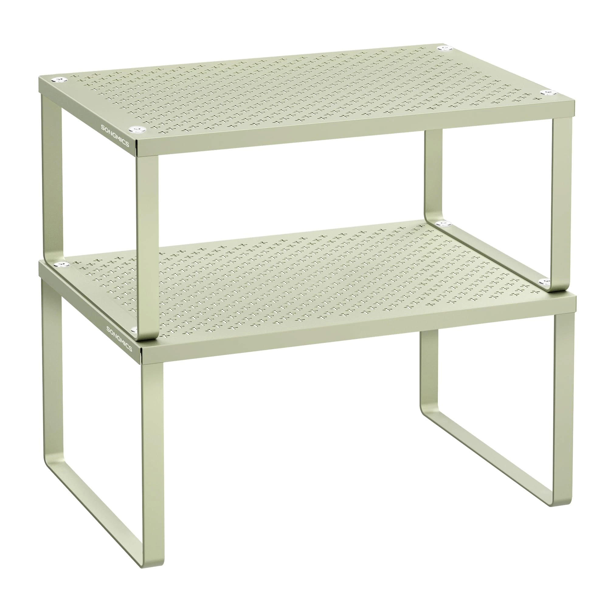 SONGMICS Spice Racks, Set of 2 Cupboard Organisers, Kitchen Storage, Stackable, Expandable, Metal Counter Shelves, Laurel Green KCS001C01