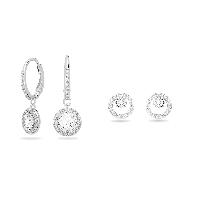 Swarovski Angelic drop earrings, Round cut, White, Rhodium plated & Creativity stud earrings, Circle, White, Rhodium plated