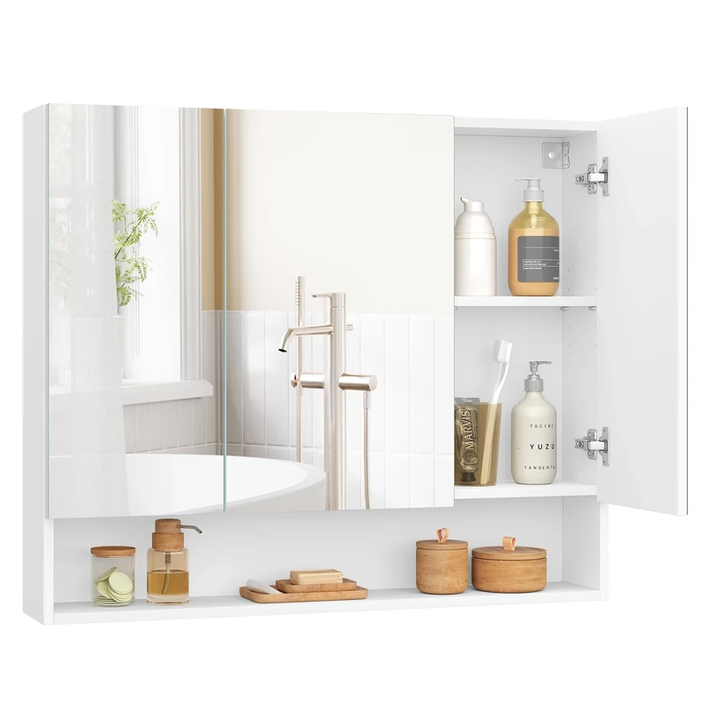 VASAGLE KAILYN Collection - Bathroom Mirror Cabinet, Bathroom Wall Mirror Cabinet, Open Compartment, Adjustable Shelves, 16.5 x 90 x 75 cm, Cloud White BBK130W01
