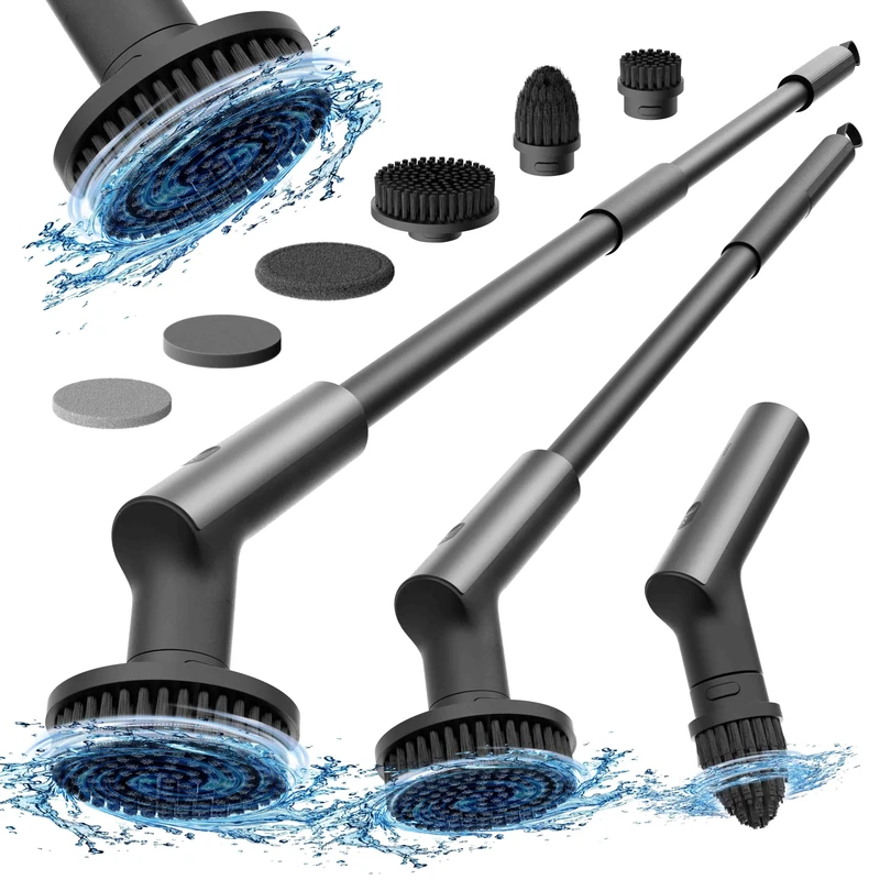 HOTO Cordless Electric Spin Scrubber, IPX7 Full Body Waterproof Bathroom Cleaning Brush, Max 22 in-lb, Shower Scrubber Brush with Long Handle, 6 Brush Heads, Power Scrubber for Bathroom, Floor, Tile